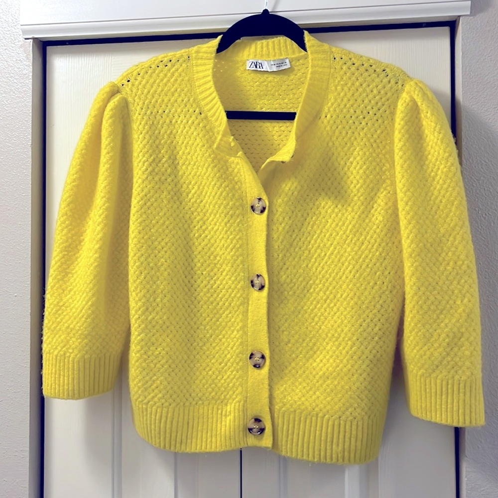 Zara M yellow wool blend Cardigan Sweater Quarter Sleeve